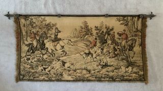 Vintage European Tapestry Wall Hanging Fox Hunt Scene 24 " X 48 " Made In Italy