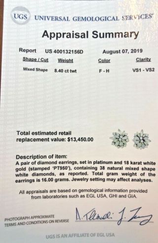 VINTAGE EGL 8.  40 CT TWT VS1 - VS2 DIAMOND EARRINGS IN PLATINUM RETAIL: $13,  450 5