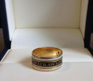 Georgian Mourning Band 18k Gold Enamel Antique Ring 1817 Charles Radcliffe Esq