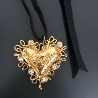 Christian Lacroix Vintage Brooch Choker Necklace Shiny Gold Heart Rhinestones 90