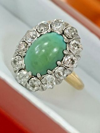Antique 3ct Cabochon Turquoise 1ct Old Mine Cut Diamond 18k Yellow Gold Ring 3.  5