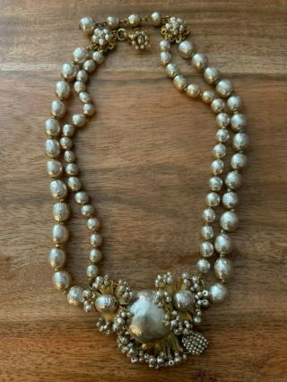 Vintage Signed Miriam Haskell Faux Baroque Pearl & Seed Bead Necklace