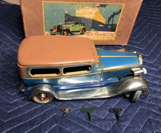 Vintage 1931 Japanese Ky Tin Wind - Up Car - “new Franklin” - W/box And Keys - 10”rare