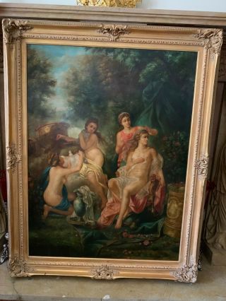 Large Oil Painting On Canvas Of Classical Nude Woman With Antique Wood Frame