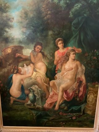 Large Oil Painting On Canvas Of Classical Nude Woman With Antique Wood Frame 2