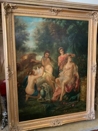 Large Oil Painting On Canvas Of Classical Nude Woman With Antique Wood Frame 3