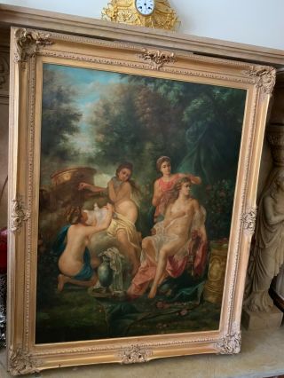 Large Oil Painting On Canvas Of Classical Nude Woman With Antique Wood Frame 7
