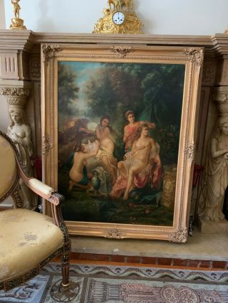 Large Oil Painting On Canvas Of Classical Nude Woman With Antique Wood Frame 8