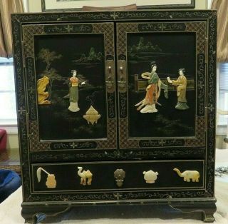 Vintage Oriental Black Lacquer Cabinet W/ Drawer - Semi Precious Stone Figures