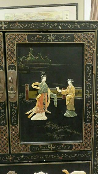 Vintage Oriental Black Lacquer Cabinet w/ drawer - Semi Precious Stone Figures 4
