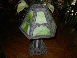 Vtg 6 Panel Art Nouveau Filigree Green Marble Slag Glass Lamp/ Lighted Base