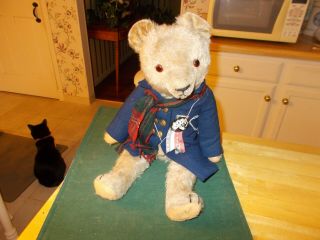 1920s Or 1930s Gold Mohair Bear With Old Wool Jacket Pin And Scarf Fully Jointed