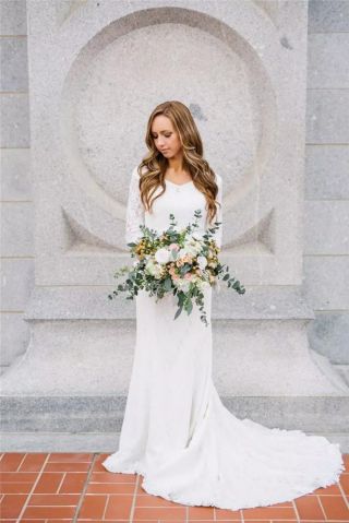 Vintage Modest Wedding Dress With Long Sleeves Bohemian Lace Chiffon Bridal Gown