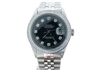 Rolex Datejust Mens Stainless Steel Jubilee Black Diamond Dial 1ct Bezel Watch