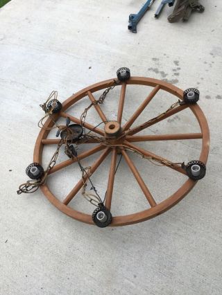Vintage Wooden Copper Wagon Wheel Chandelier Light Fixture Hanging 20 Inch