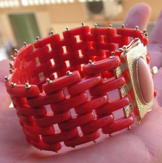Antique Victorian Carved Natural Red Coral Bracelet 18ct Gold Italy Made 10