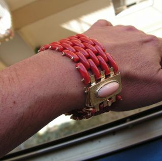 Antique Victorian Carved Natural Red Coral Bracelet 18ct Gold Italy Made