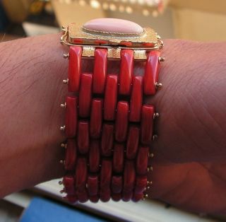 Antique Victorian Carved Natural Red Coral Bracelet 18ct Gold Italy Made 2