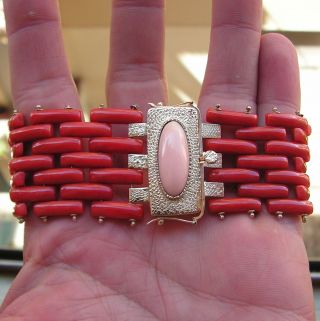 Antique Victorian Carved Natural Red Coral Bracelet 18ct Gold Italy Made 8