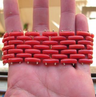 Antique Victorian Carved Natural Red Coral Bracelet 18ct Gold Italy Made 9