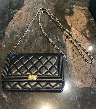 Chanel Woc Wallet On Chain Boy Bag Black Lambskin Vintage Gold Brushed Hardware