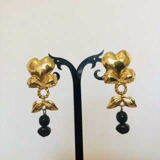 Christian Lacroix Vintage Clip On Earrings Gold Tone Dangling Heart Beads Long