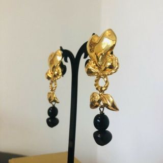 Christian Lacroix vintage clip on earrings gold tone dangling heart beads long 2