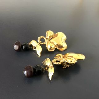 Christian Lacroix vintage clip on earrings gold tone dangling heart beads long 5