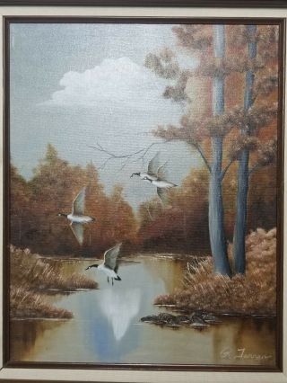 Vintage Flying Geese Oil Painting On Canvas Signed By Artist