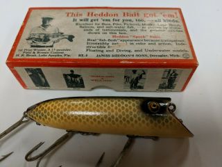 Vintage Heddon Wooden Basser Fishing Lure W/ Brush Box Old Bass Bait Antique