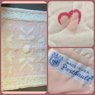 Vtg Porthault Baby Blanket Quilted Pink Hearts Birds Ribbons Hang On Wall