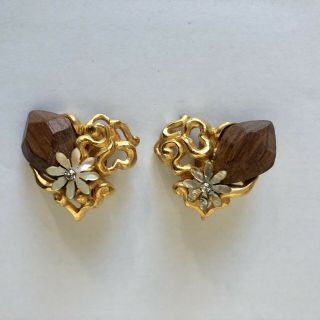 Christian Lacroix Vintage Clip On Earrings Gold Tone Metal Wood Mother Of Pearl