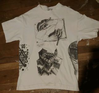 Vintage Mc Escher Heirs 1991 L T - Shirt All Over Illustrations Andazia 90s