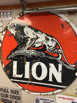 6 Foot Lion Oil - Gas Sign—hard To Find - Rare - Porcelain—double Sided
