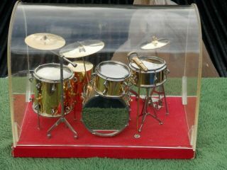 Vintage? Salesman Sample? Metal Drum Set With Microphone In Display Case Estate