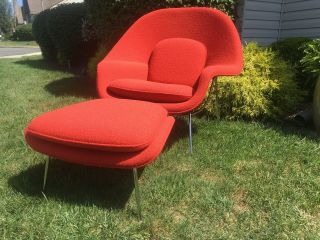 Authentic Knoll Red Boucle Womb Chair And Ottoman