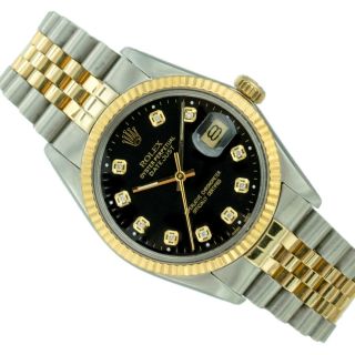 Rolex Watch Mens Datejust 16013 18k Yellow Gold & Steel Black With Diamond Dial