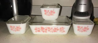 Vintage Pyrex Gooseberry Pink White 8 Pc Refrigerator Dish Set Lids 501 502 503
