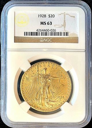 1928 $20 American Gold Eagle Saint Gaudens Ms63 Ngc Coin Rare Date