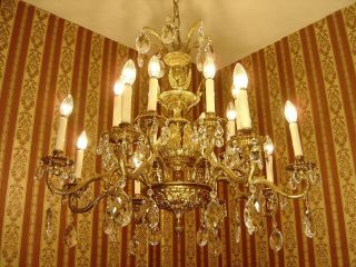 Large Crystal Brass Lighting Spain Chandelier Vintage Lamp 16 Light Lustre