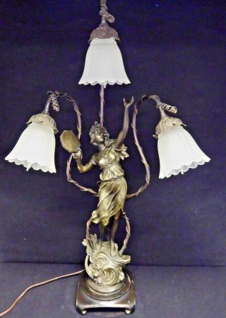 Antique Art Nouveau Figural Table Lamp.  Lily Glass Shades.  3 - Bulb.  32 " H.  1920