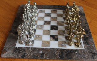 Metal Ancient Roman Figure & 16 " X16 " Handmade Marble Board Chess Set