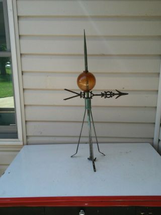 Antique Vtg 31 " Weathervane Lightning Rod/cast Iron Arrow/amber Glass Globe Farm