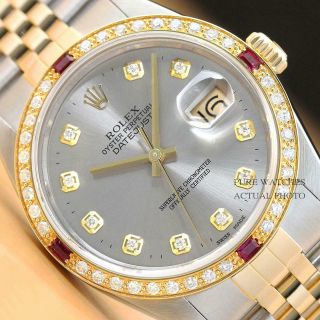 Rolex Mens Datejust Gray Diamond Ruby 18k Yellow Gold & Stainless Steel Watch