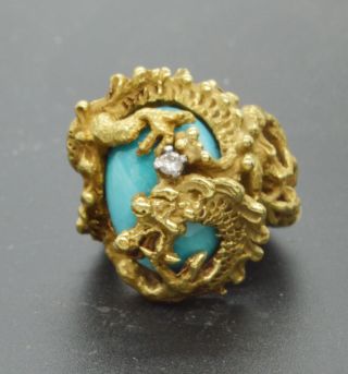 Vintage 18k Gold Dragon,  Turquoise& Diamond Ring By E.  Pearl&co.  (rw265)
