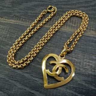 Chanel Gold Plated Cc Logos Heart Charm Vintage Necklace Pendant 4752a Rise - On