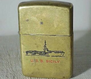 Vtg 1950 - 51 Pat.  2032695,  Brass Zippo Lighter,  " U.  S.  S.  Sicily Navy Ship " Logo