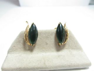 Vintage 14k Solid Yellow Gold Earrings With Natural Jade Made In The 1940s