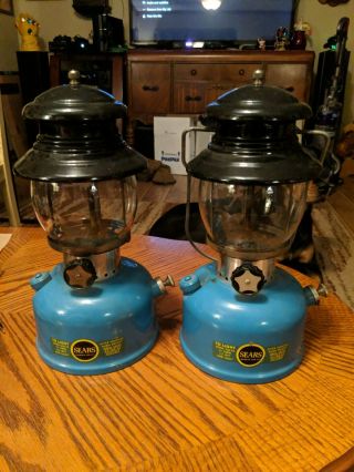 Pair Vintage Sears Model 476 - 74550 No.  7115 Clamshell Lantern Blue - Black 1964