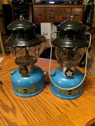 PAIR Vintage Sears Model 476 - 74550 No.  7115 Clamshell Lantern Blue - Black 1964 2